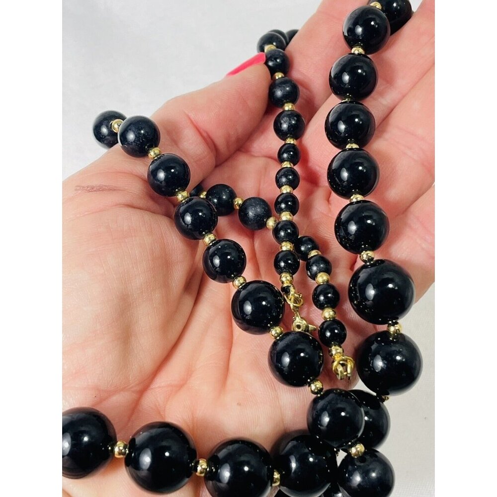 Monet Black And Gold Tone Color String Classic Bead 30” Long Necklace Vintage